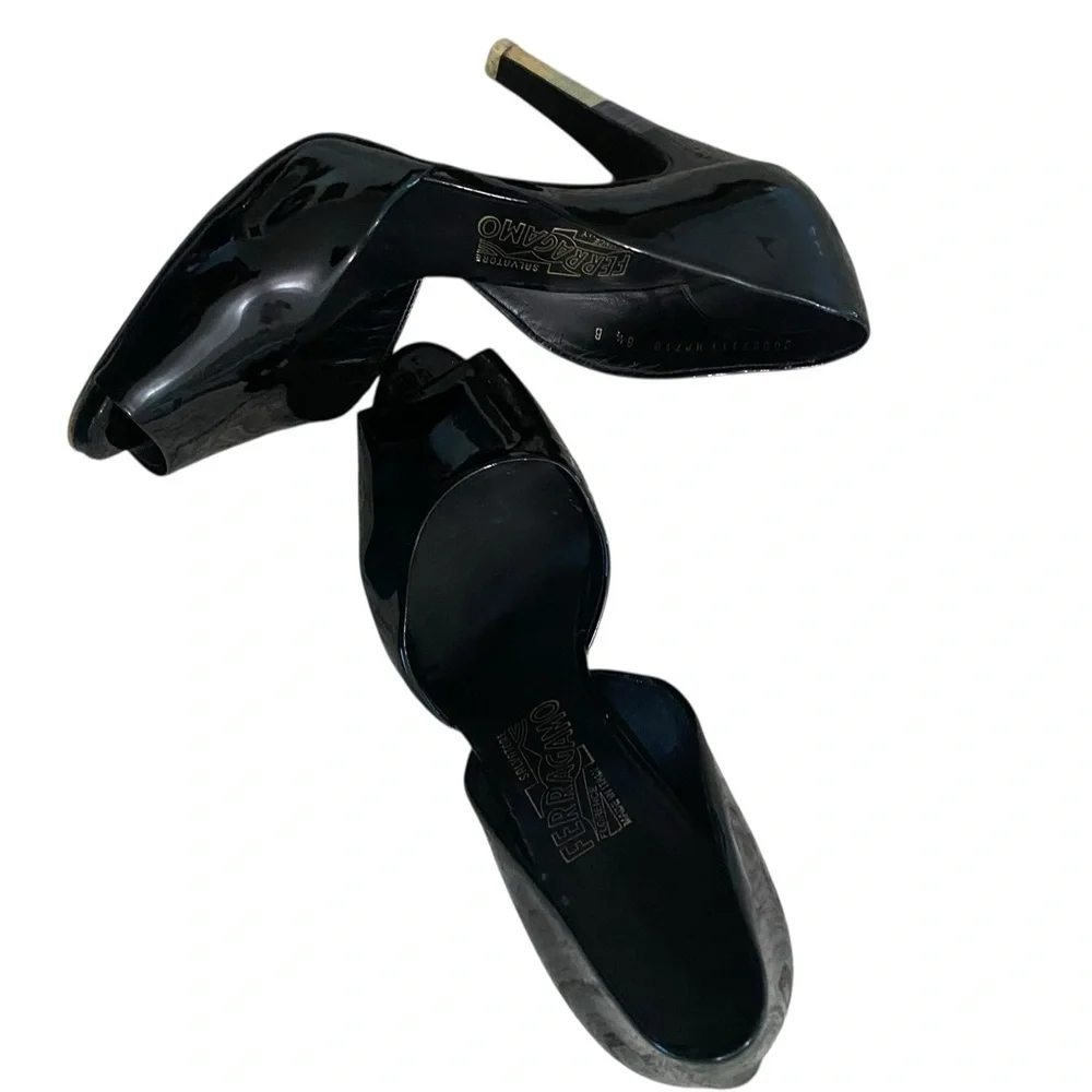 Salvatore Ferragamo Glossy Black Heels with Gold Accent